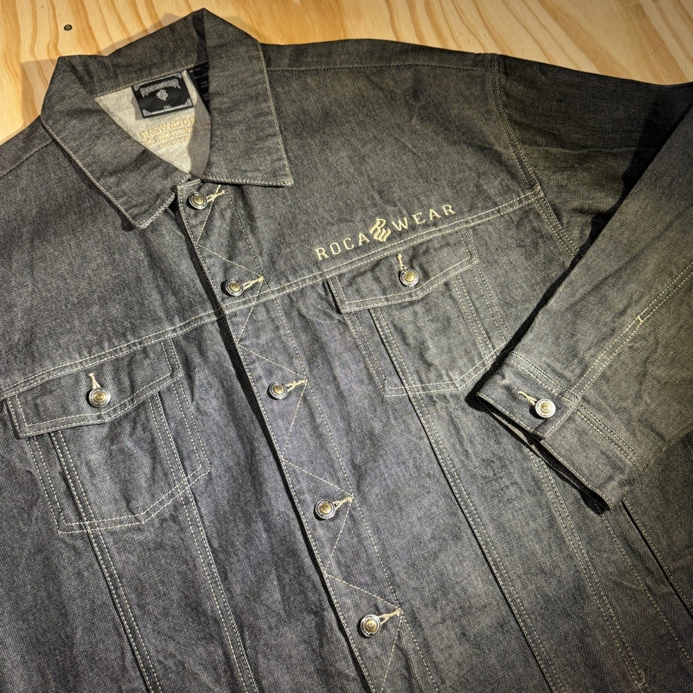 Rocawear Men's Black Denim Jacket 2XL All American Denim Embroidered Streetwear
